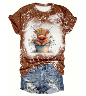 Women's Cow & Floral Print T-shirt - Casual Short Sleeve Crew Neck Top for Spring & Summer