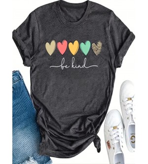 Women's Cute Heart Print Graphic T-Shirt - Casual Short Sleeve Crew Neck Shirt
